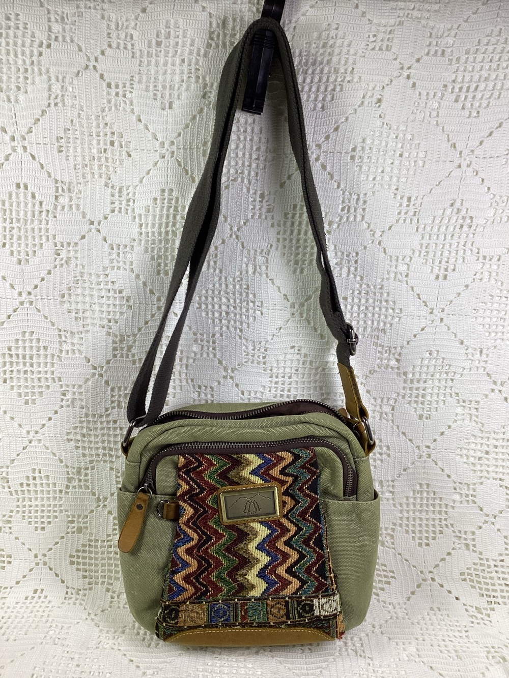 Drift stone Olive Green Canvas Crossbody Bag with Multicolor Zigzag Accent